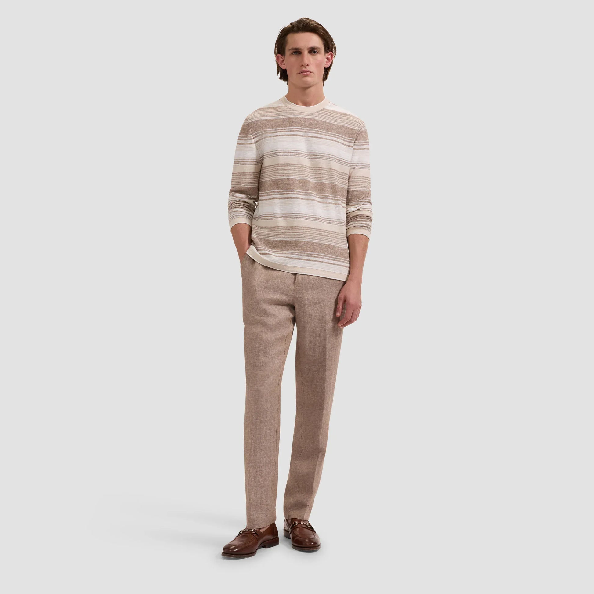 Bugatchi Sweaters Stripe Crewneck Sweater in Tobacco