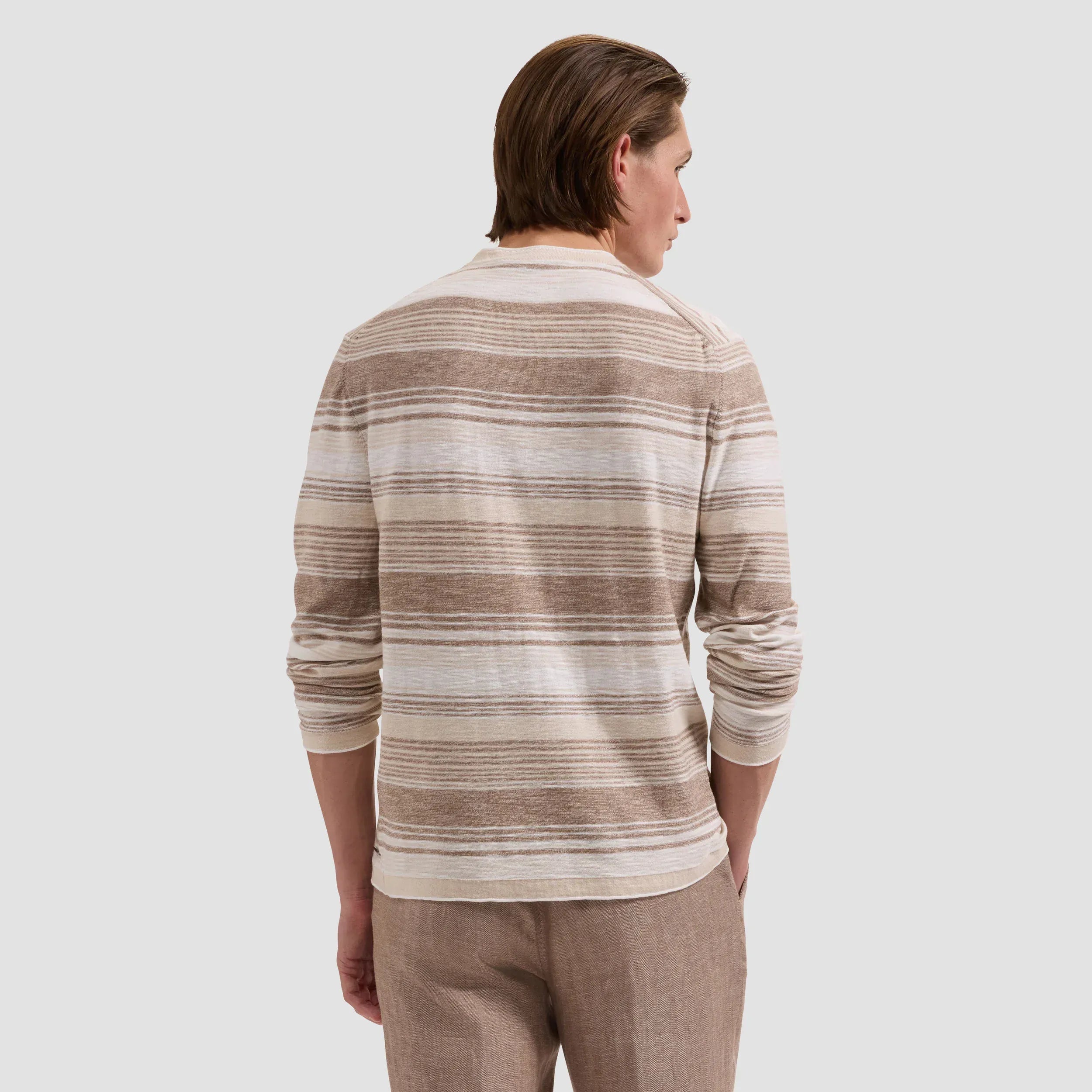 Bugatchi Sweaters Stripe Crewneck Sweater in Tobacco