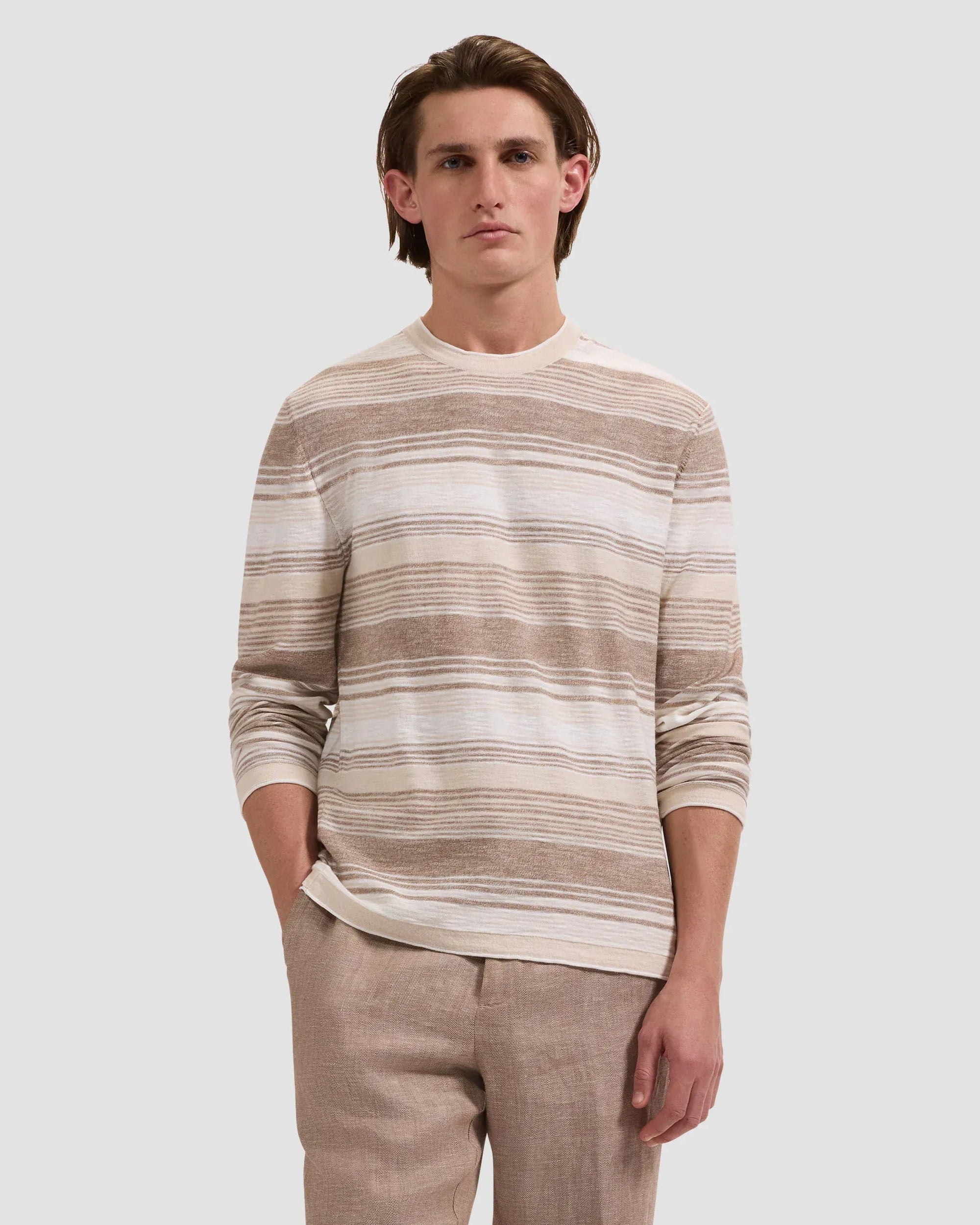 Bugatchi Sweaters Stripe Crewneck Sweater in Tobacco