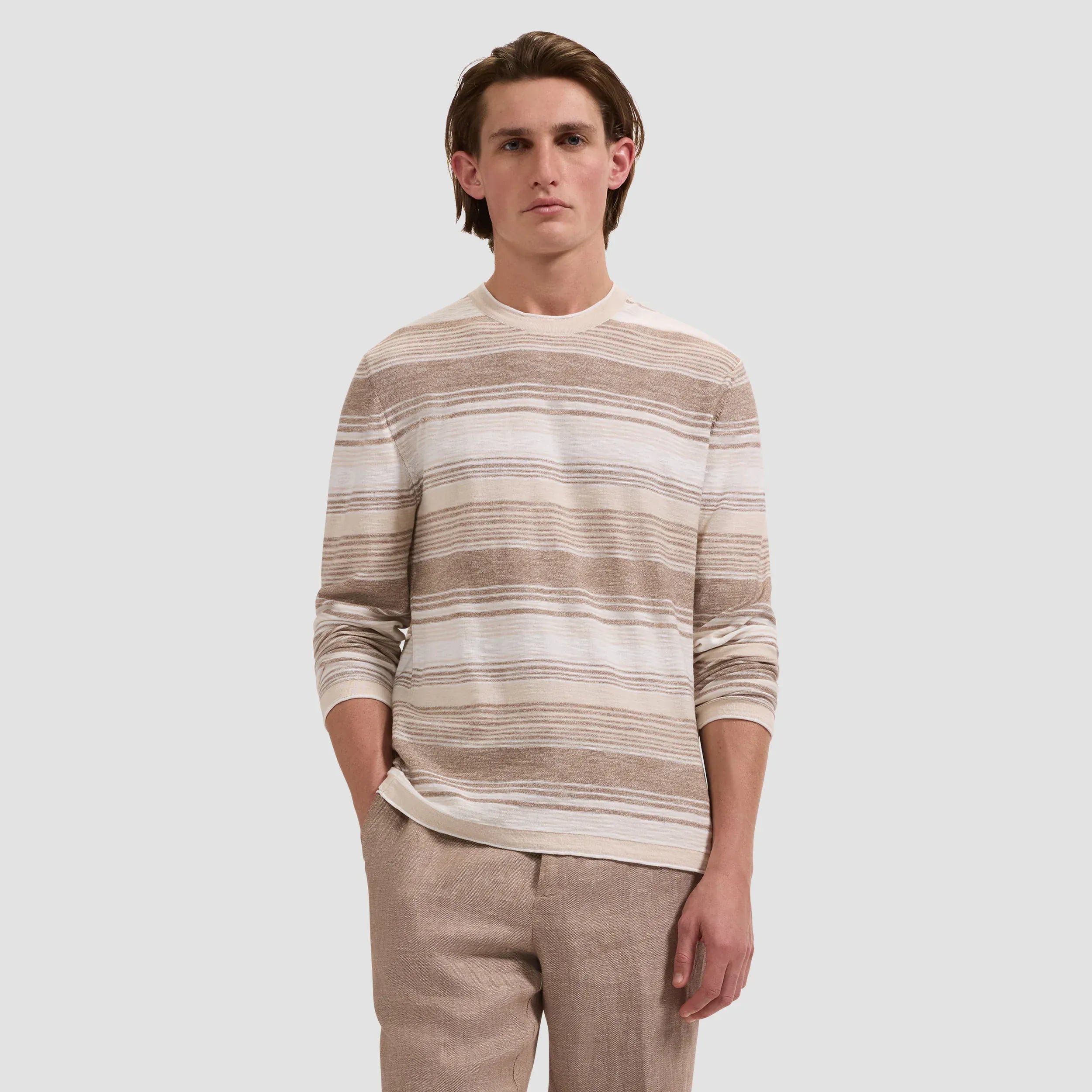 Bugatchi Sweaters Stripe Crewneck Sweater in Tobacco