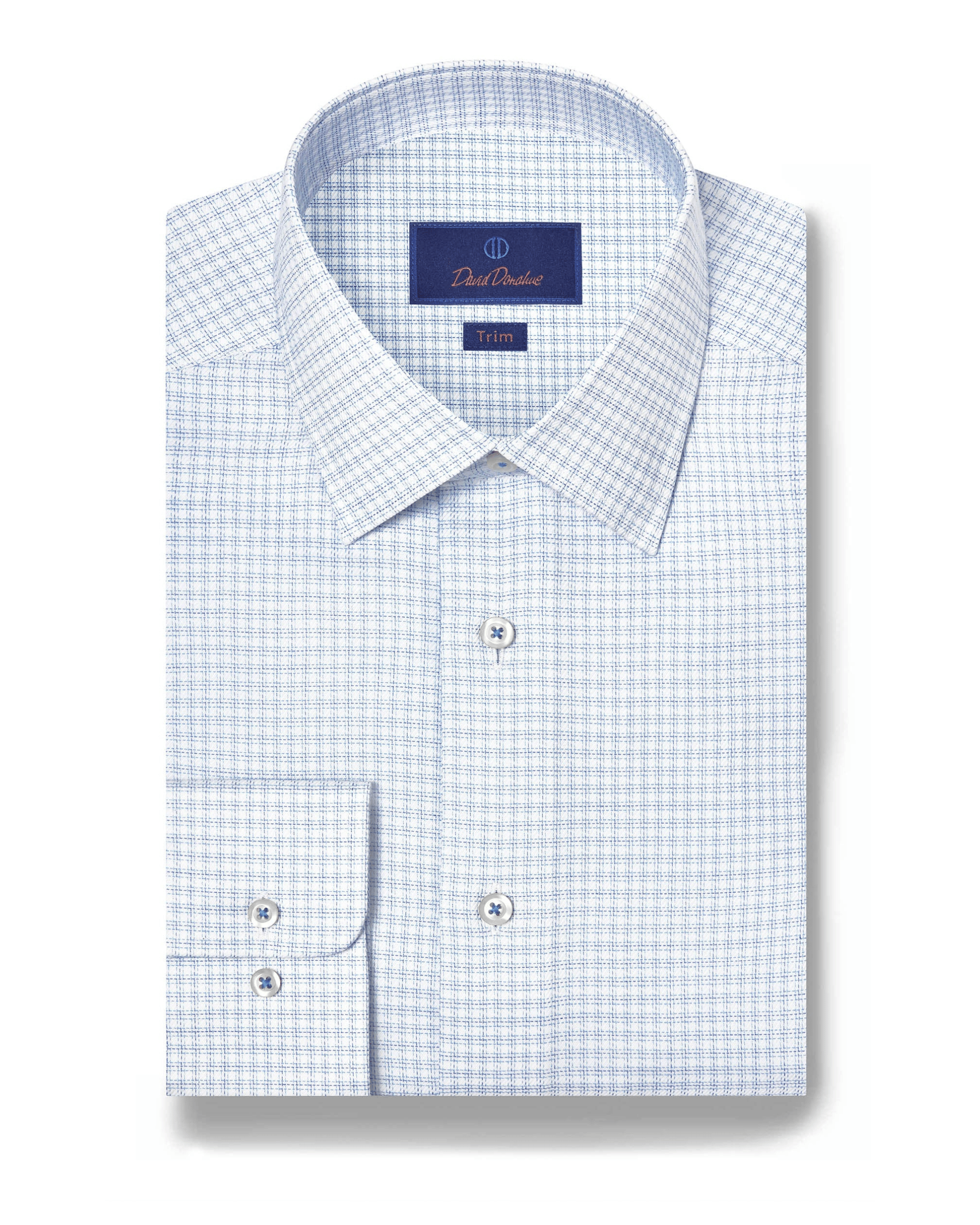 David Donahue Dress Shirts White & Blue Twill Check Stretch Dress Shirt