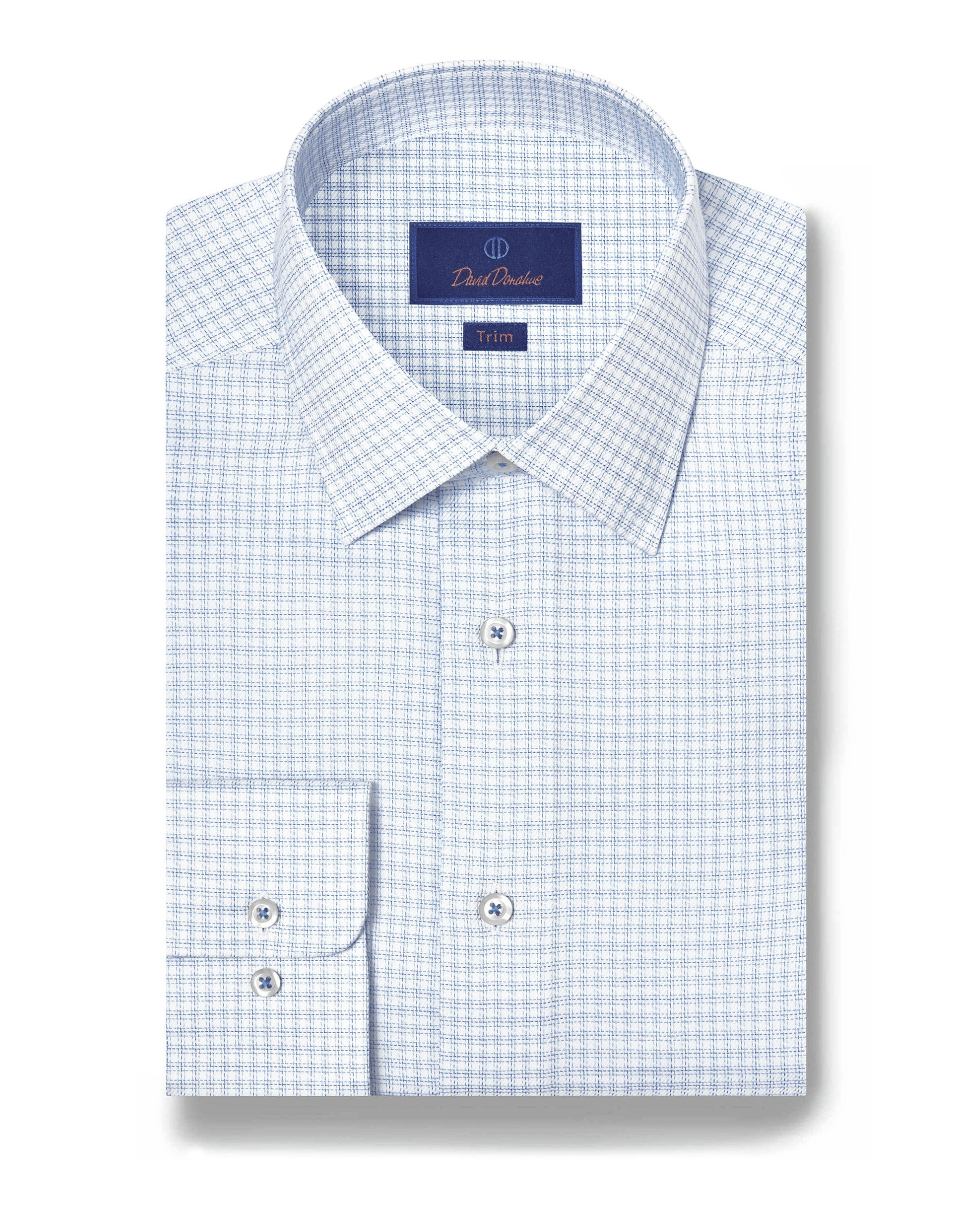 David Donahue Dress Shirts White & Blue Twill Check Stretch Dress Shirt