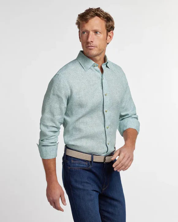 David Donahue Sport Shirts Green Linen Check Sport Shirt