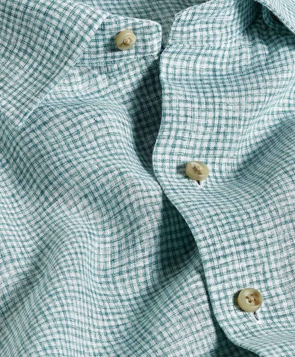 David Donahue Sport Shirts Green Linen Check Sport Shirt