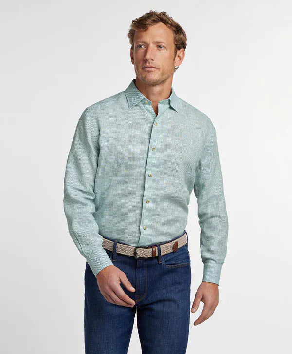 David Donahue Sport Shirts Green Linen Check Sport Shirt