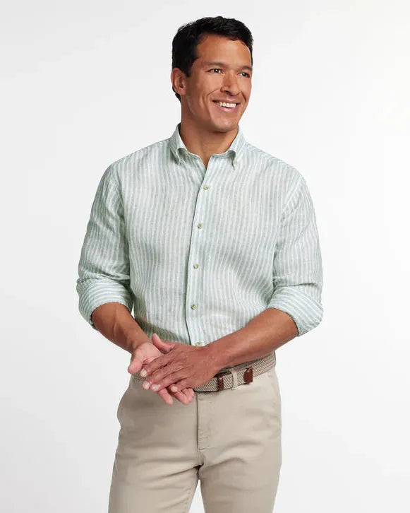 David Donahue Sport Shirts Sage Linen Stripe Sport Shirt