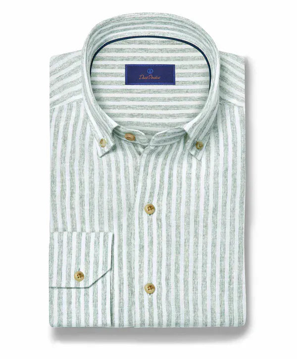 David Donahue Sport Shirts Sage Linen Stripe Sport Shirt
