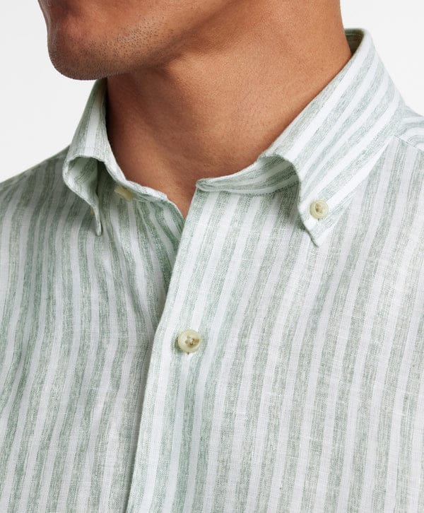 David Donahue Sport Shirts Sage Linen Stripe Sport Shirt