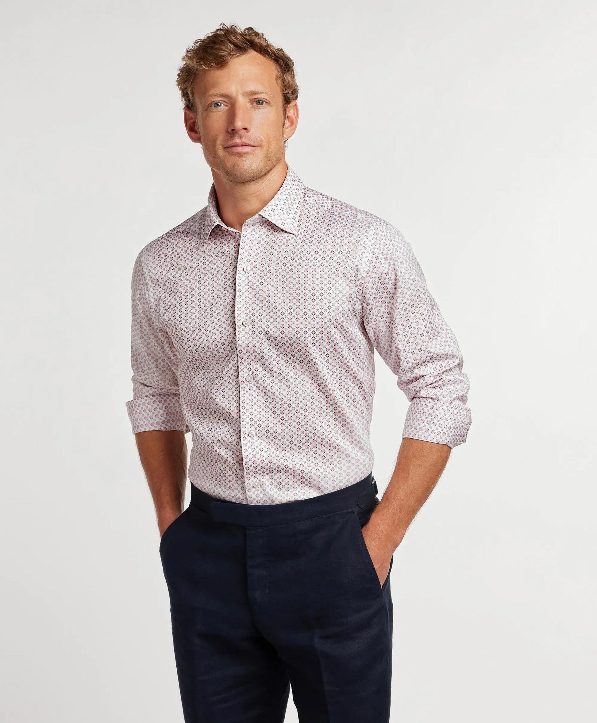 David Donahue Sport Shirts White & Coral Neat Print Sport Shirt