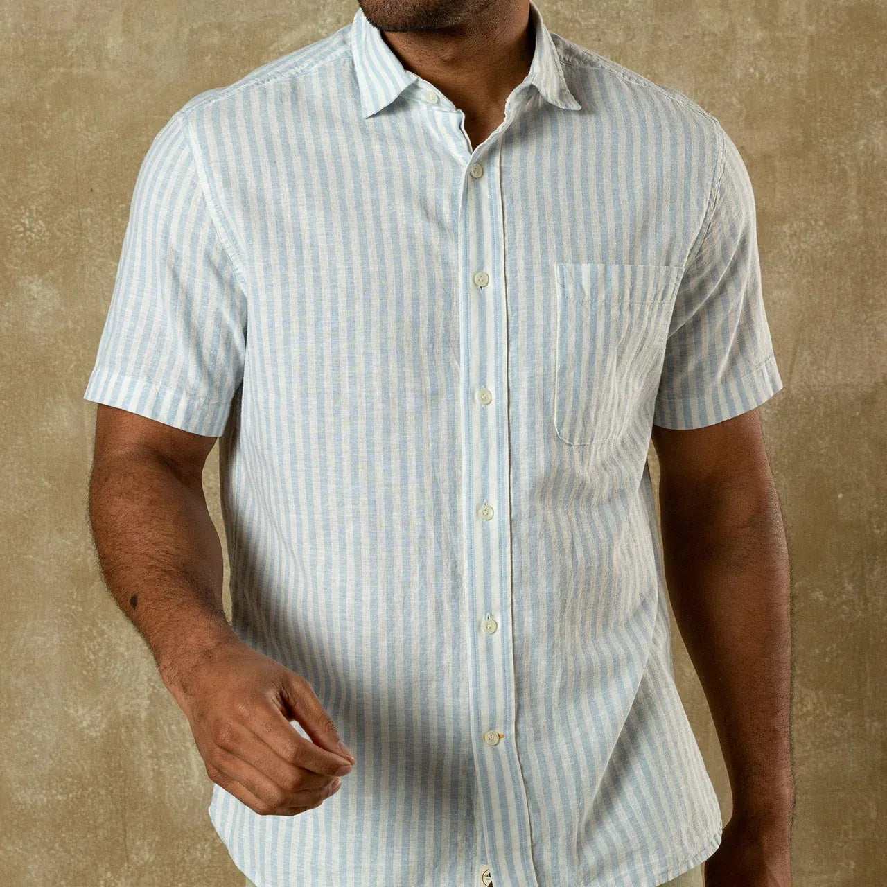 Duck Head Camp Shirt Baxter Stripe Linen Cotton Oxford Sport Shirt in Sky Blue