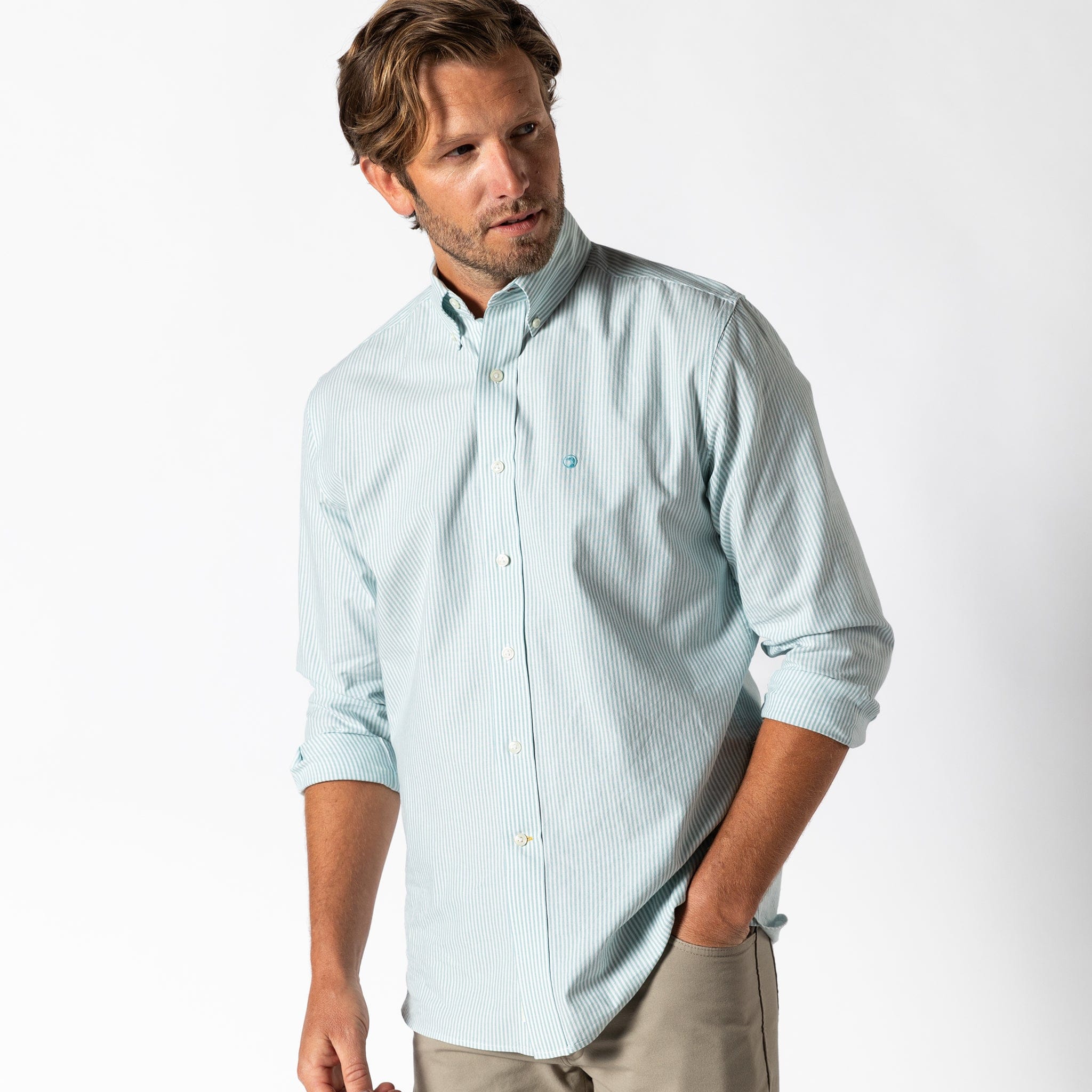 Duck Head Sport Shirts Cotton Oxford Sport Shirt - Collins Stripe in Marine Blue