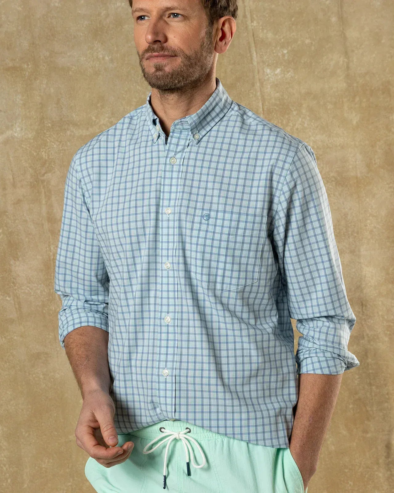 Duck Head Sport Shirts Linwood Plaid Performance Sport Shirt in Seafoam Green
