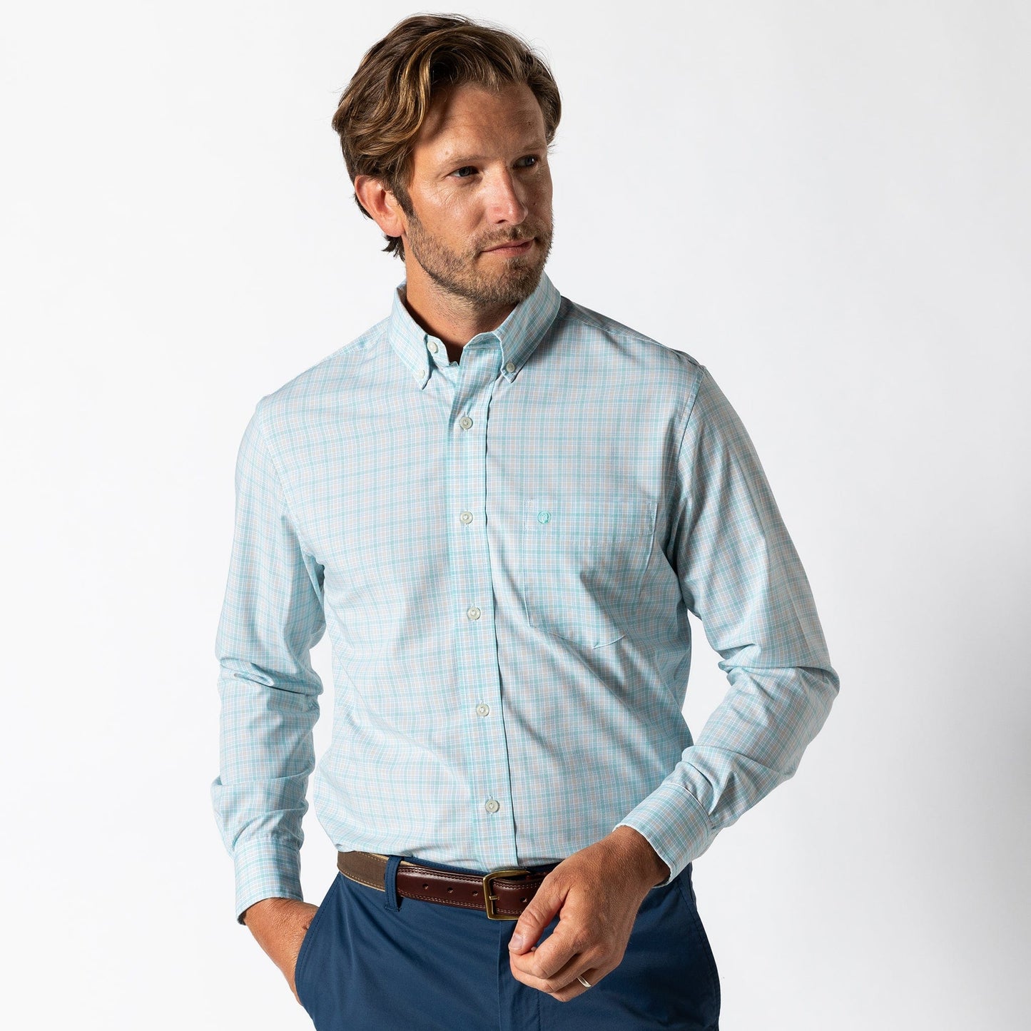 Duck Head Sport Shirts Performance Poplin Sport Shirt - Trent Plaid in Meadowbrook