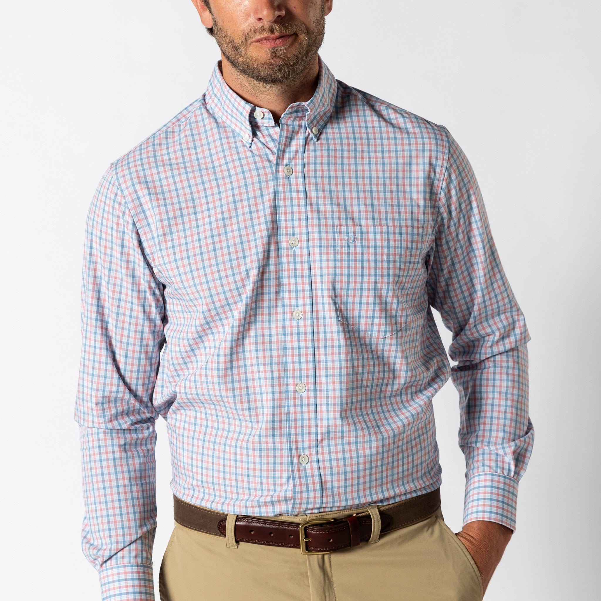 Duck Head Sport Shirts Performance Poplin Sport Shirt - Trent Plaid in Sunwashed Red