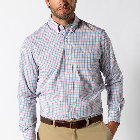 Duck Head Sport Shirts Performance Poplin Sport Shirt - Trent Plaid in Sunwashed Red