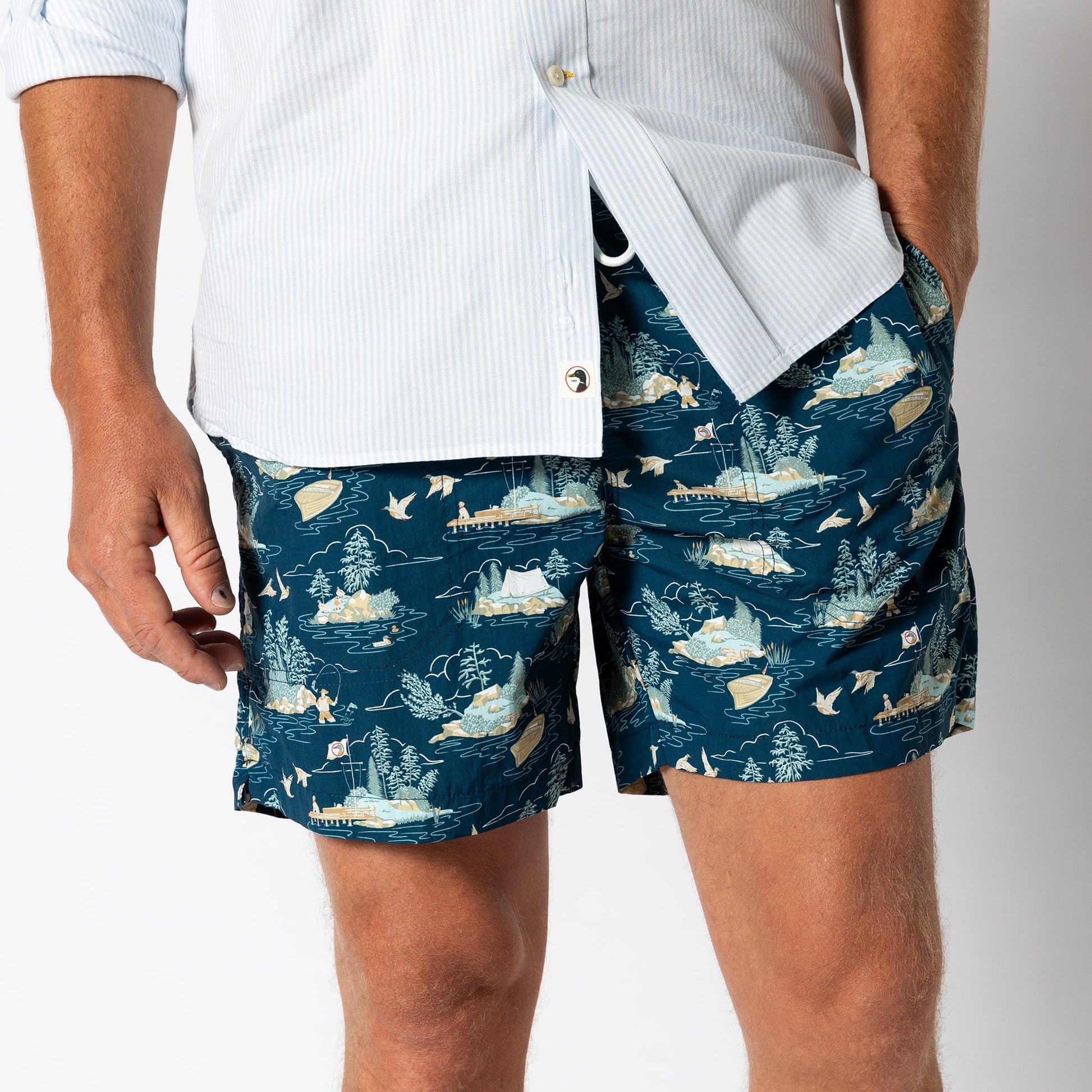 Duck Head Swimwear Print Sailport Swim Short 6" - Dark Indigo