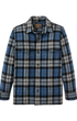A long-sleeve button-up plaid shirt jacket by Filson, featuring a blue, gray, and black tartan pattern, displayed on a clean white background.