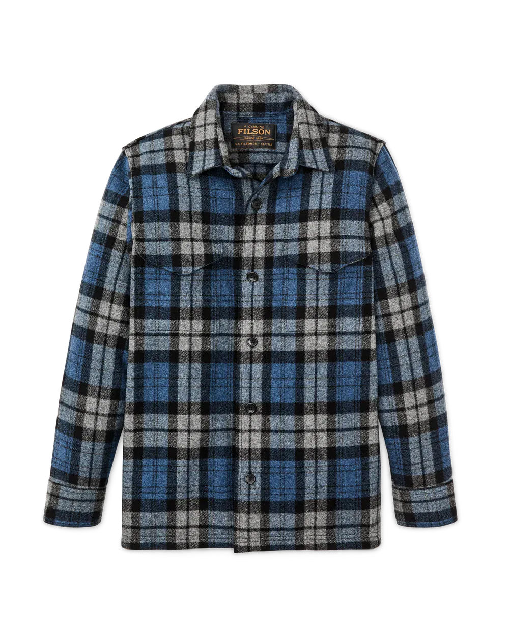 A long-sleeve button-up plaid shirt jacket by Filson, featuring a blue, gray, and black tartan pattern, displayed on a clean white background.