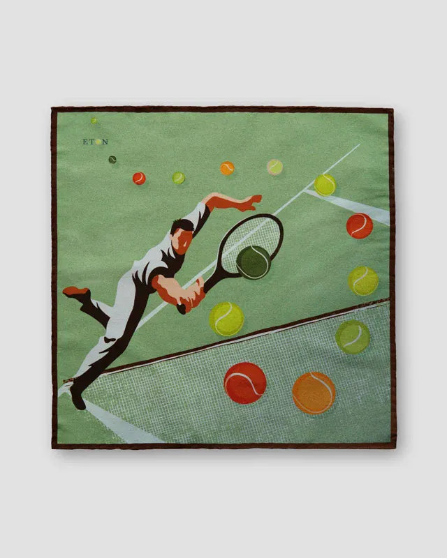 ETON Pocket Square 65 / NONE Green Tennis Player & Ball Print Pocket Square
