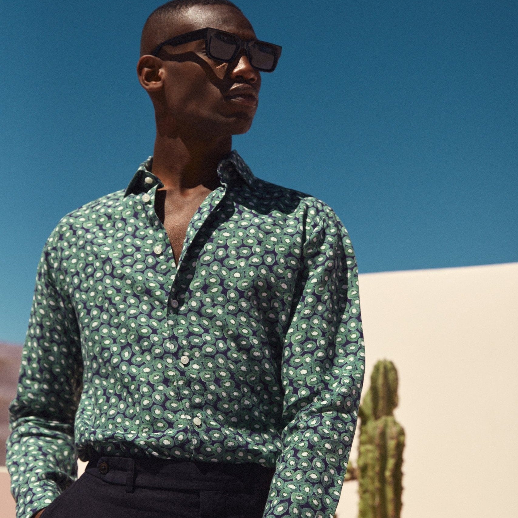 Eton Sport Shirts Green Kiwi Print Linen Shirt