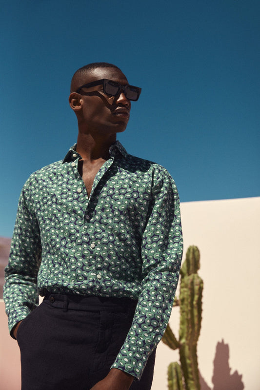 Eton Sport Shirts Green Kiwi Print Linen Shirt