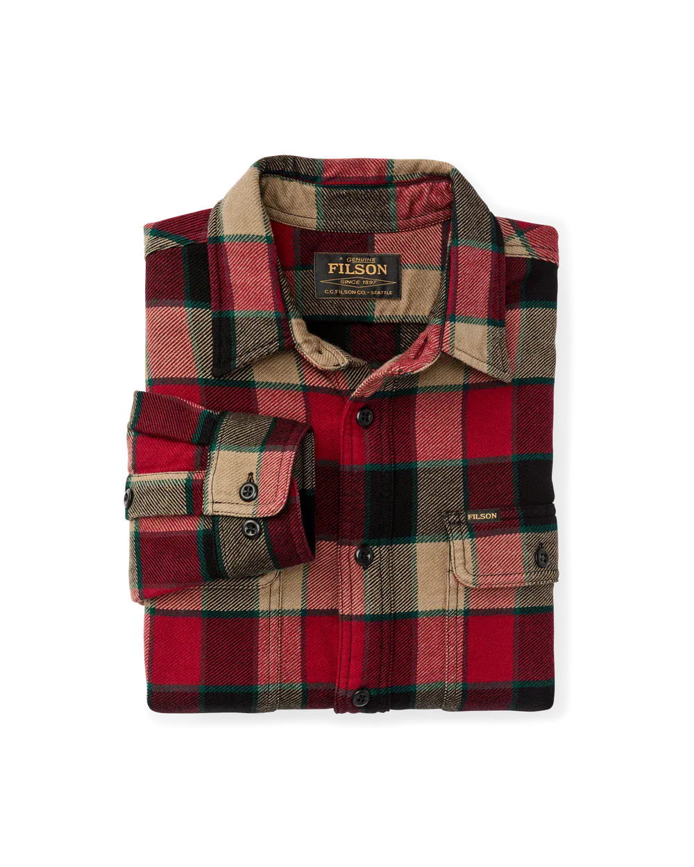 A folded Filson plaid flannel shirt in red, beige, and green, displayed on a clean white background.