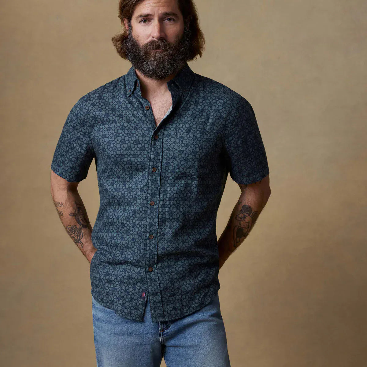 Faherty Camp Shirt Breeze Shirt in Spruce Lotus Tile