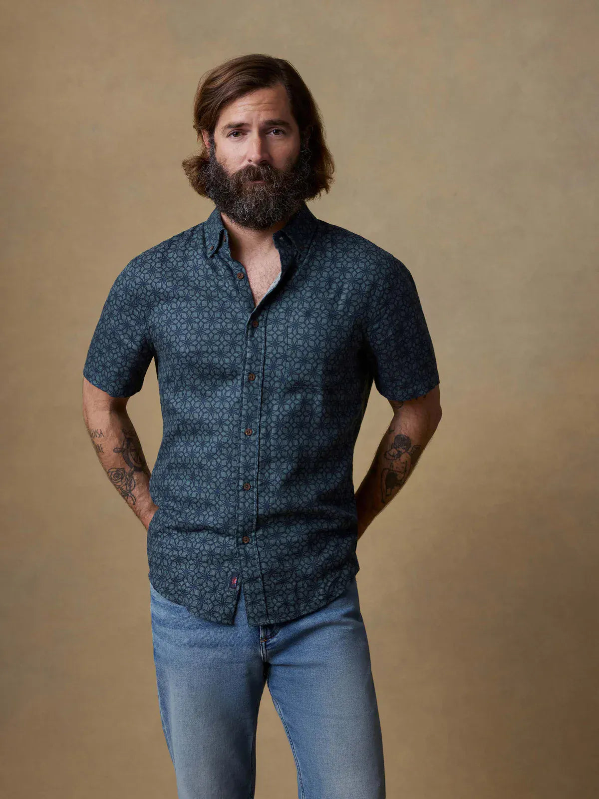 Faherty Camp Shirt Breeze Shirt in Spruce Lotus Tile