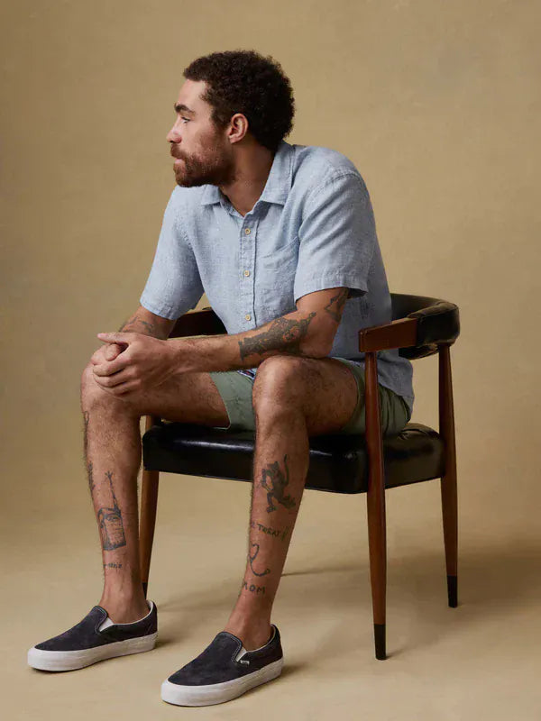 Faherty Camp Shirt Short-Sleeve Palma Linen Shirt in Blue Basketweave