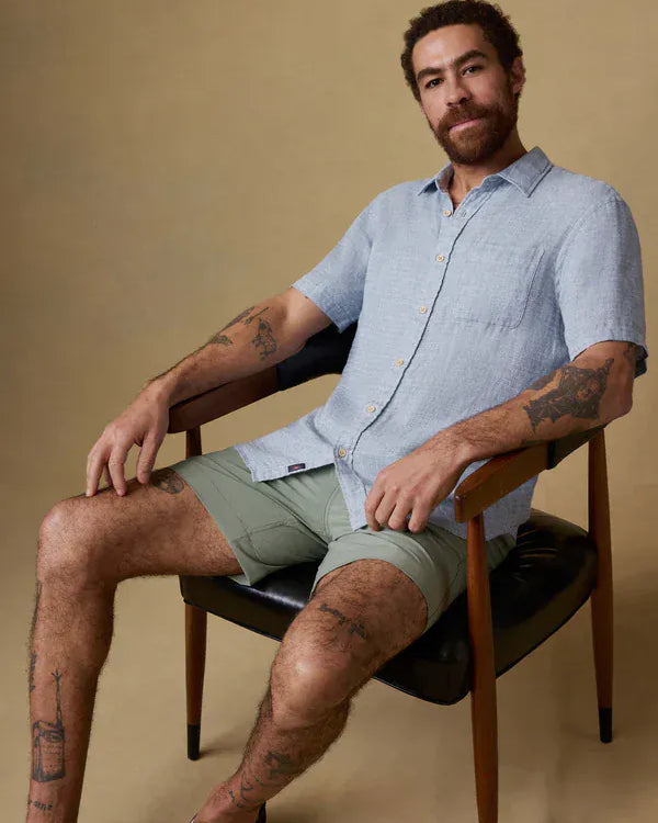 Faherty Camp Shirt Short-Sleeve Palma Linen Shirt in Blue Basketweave