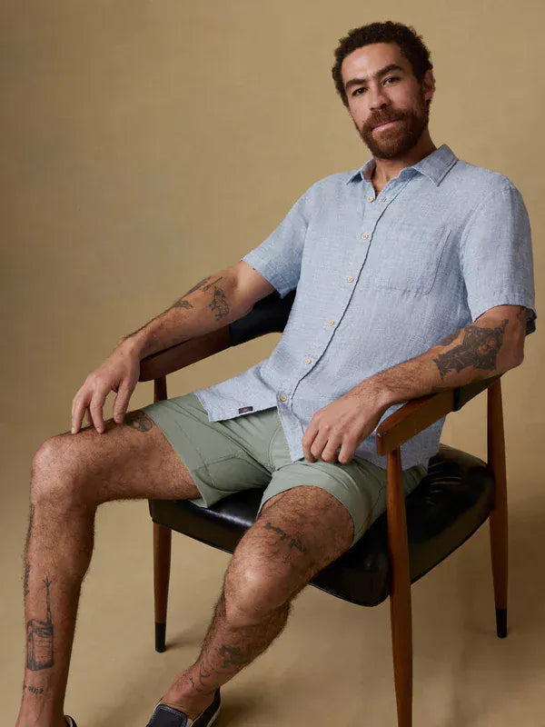 Faherty Camp Shirt Short-Sleeve Palma Linen Shirt in Blue Basketweave