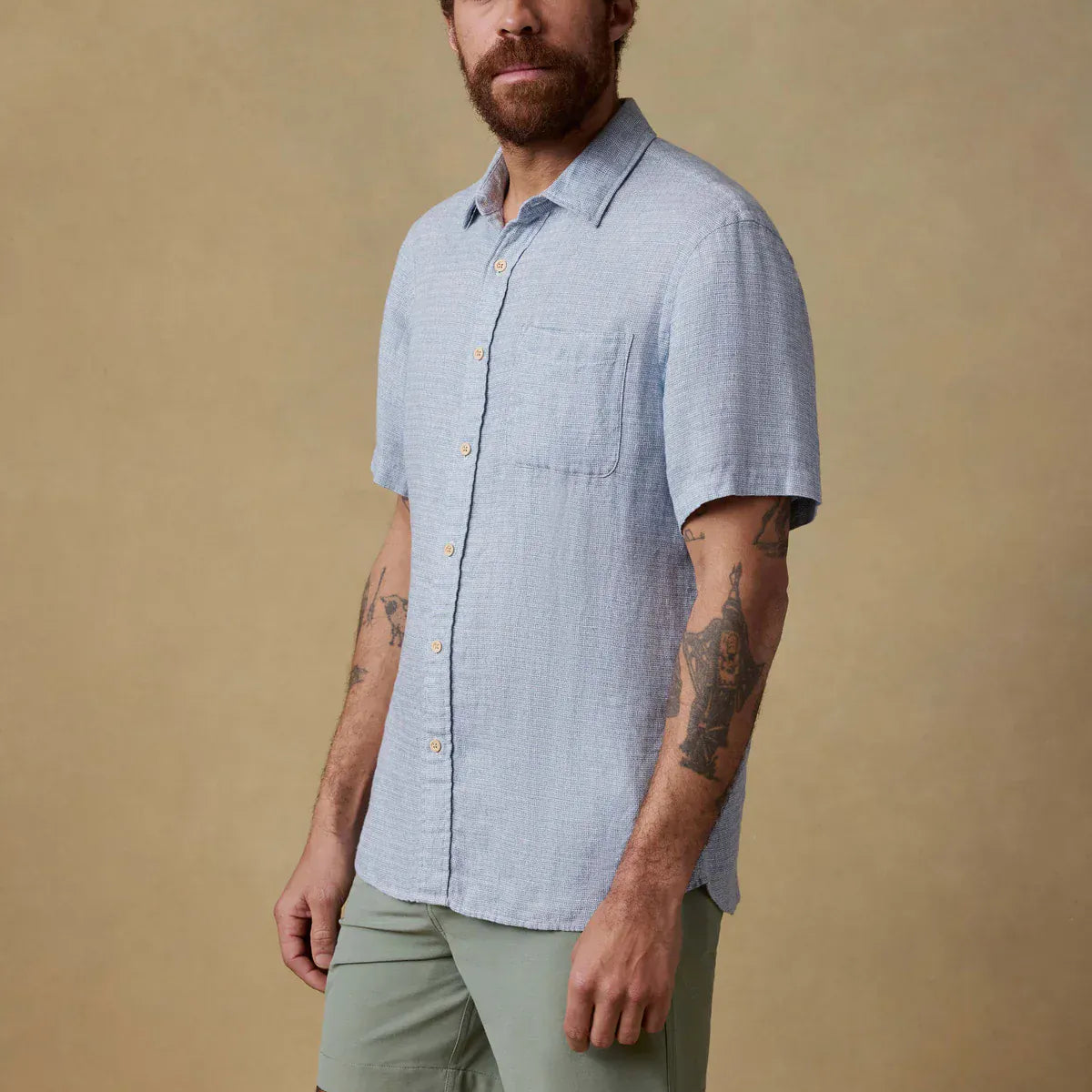 Faherty Camp Shirt Short-Sleeve Palma Linen Shirt in Blue Basketweave