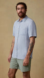 Faherty Camp Shirt Short-Sleeve Palma Linen Shirt in Blue Basketweave
