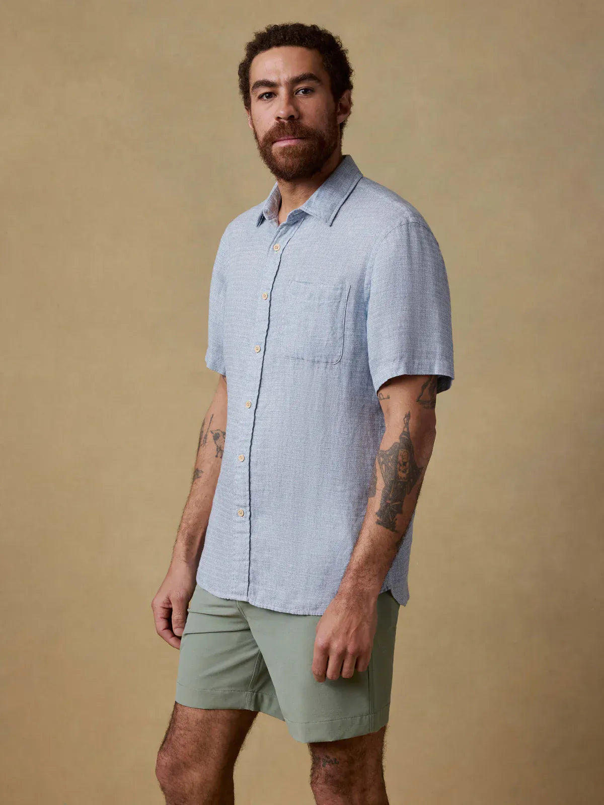 Faherty Camp Shirt Short-Sleeve Palma Linen Shirt in Blue Basketweave