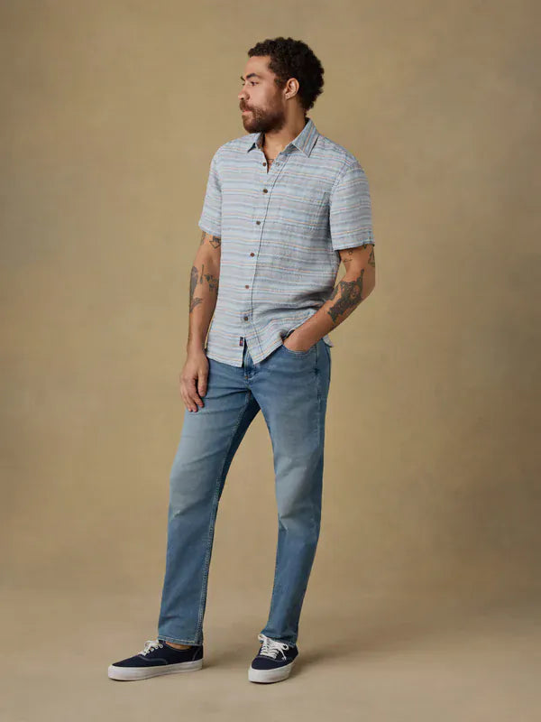 Faherty Camp Shirt Short-Sleeve Palma Linen Shirt in Blue Gulf Stripe