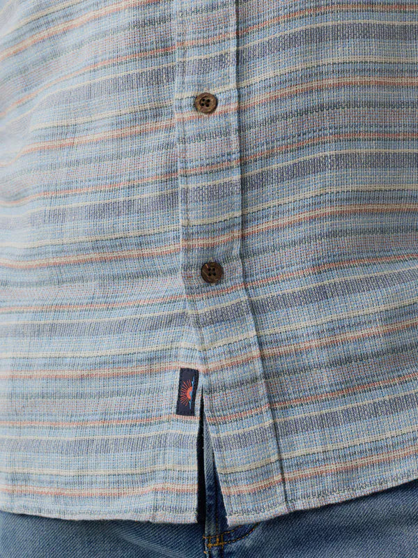 Faherty Camp Shirt Short-Sleeve Palma Linen Shirt in Blue Gulf Stripe