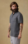 Faherty Camp Shirt Short-Sleeve Palma Linen Shirt in Washed Black Basketweave