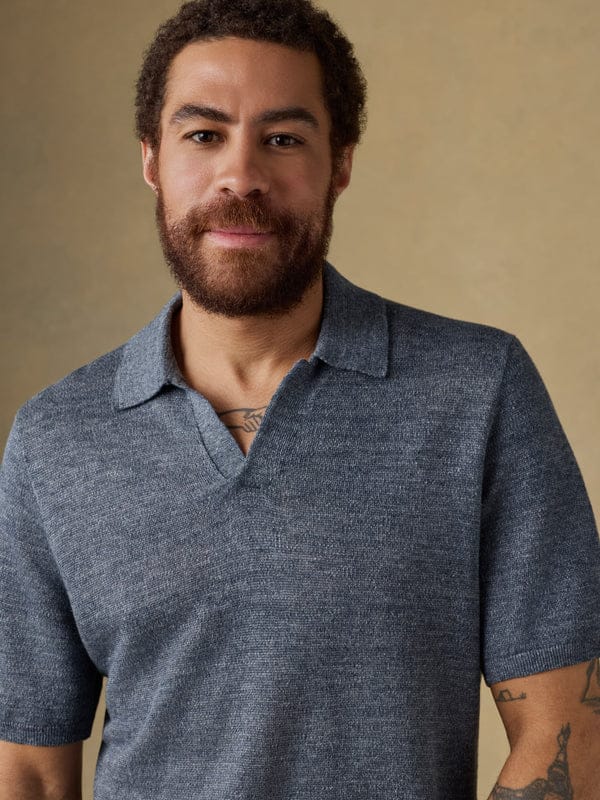 Faherty Polos Short-Sleeve Linen Sweater Polo in Caribbean Navy Melange