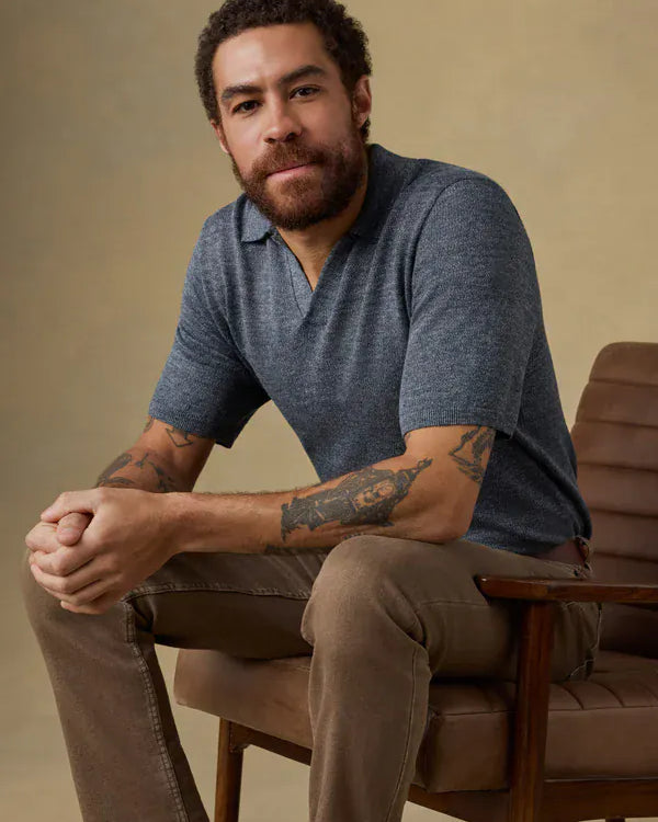 Faherty Polos Short-Sleeve Linen Sweater Polo in Caribbean Navy Melange