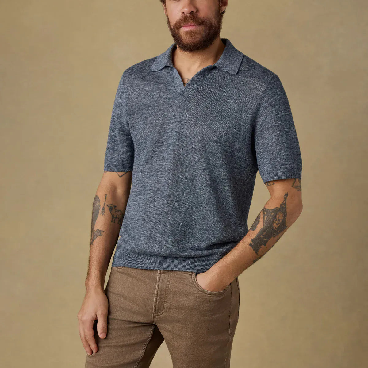 Faherty Polos Short-Sleeve Linen Sweater Polo in Caribbean Navy Melange