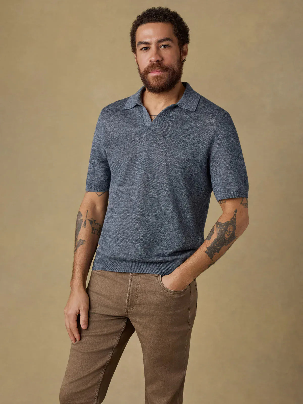 Faherty Polos Short-Sleeve Linen Sweater Polo in Caribbean Navy Melange