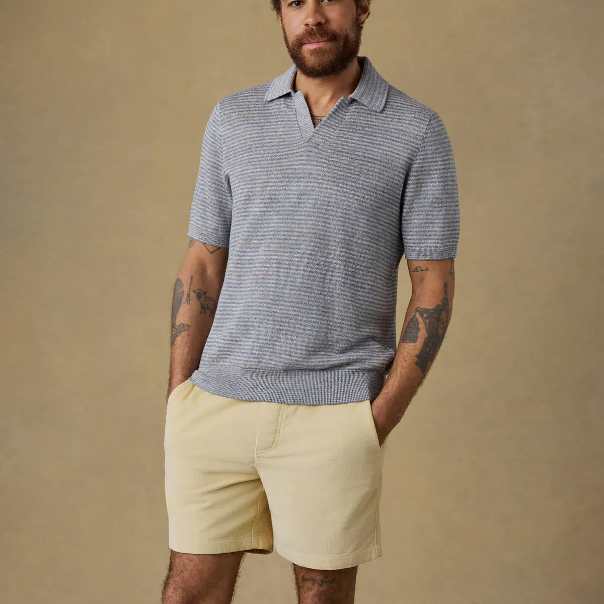 Faherty Short-Sleeve Linen Sweater Polo in Shore Rock Stripe Faherty Short-Sleeve Linen Sweater Polo in Shore Rock Stripe