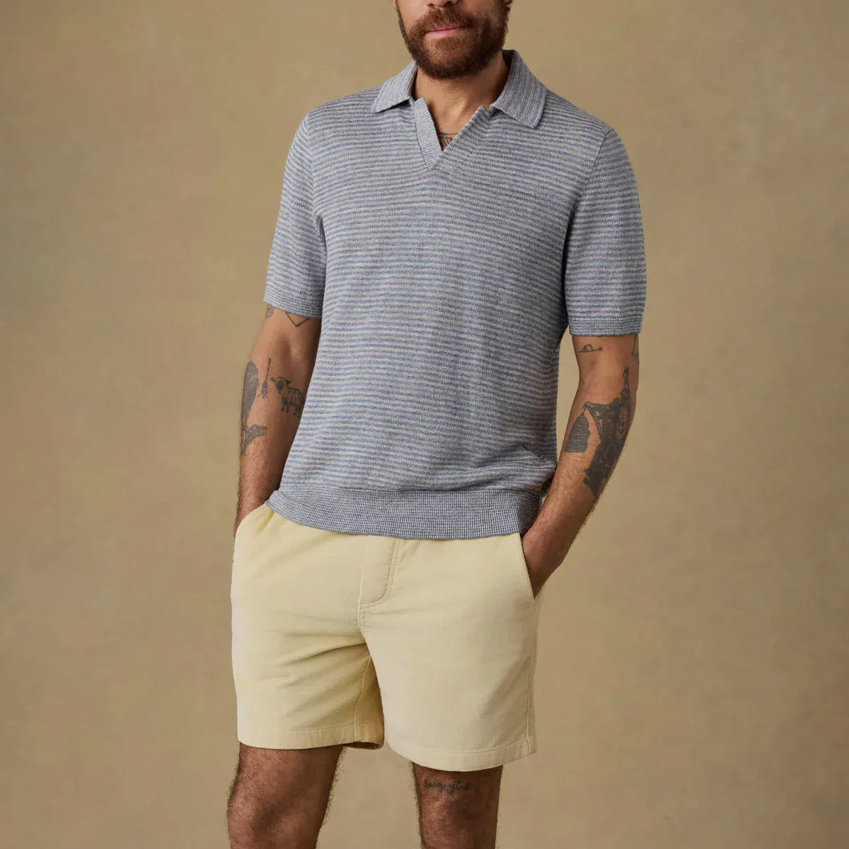 Faherty Polos Short-Sleeve Linen Sweater Polo in Shore Rock Stripe