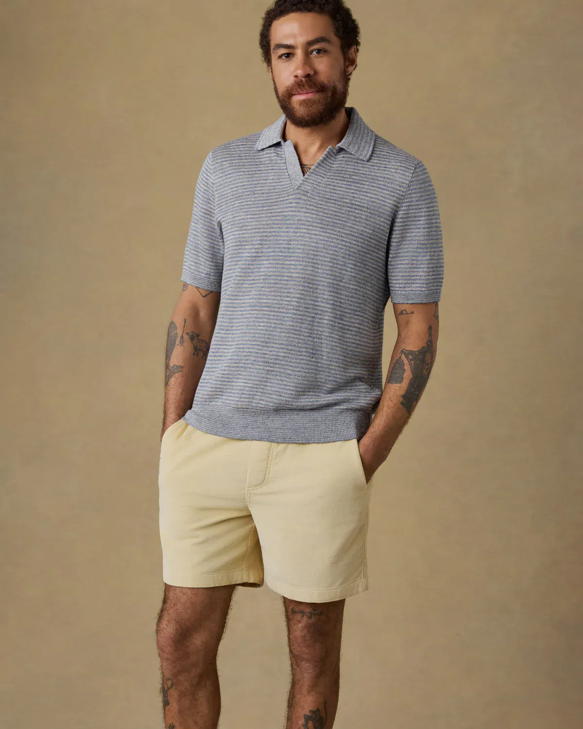 Faherty Polos Short-Sleeve Linen Sweater Polo in Shore Rock Stripe