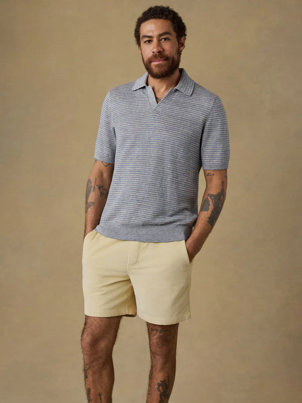 Faherty Polos Short-Sleeve Linen Sweater Polo in Shore Rock Stripe
