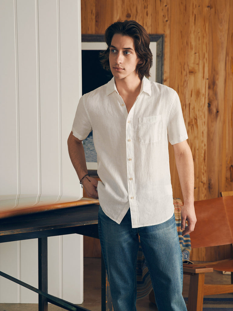 Faherty Sport Shirts Short-Sleeve Palma Linen Shirt - Bright White Basketweave