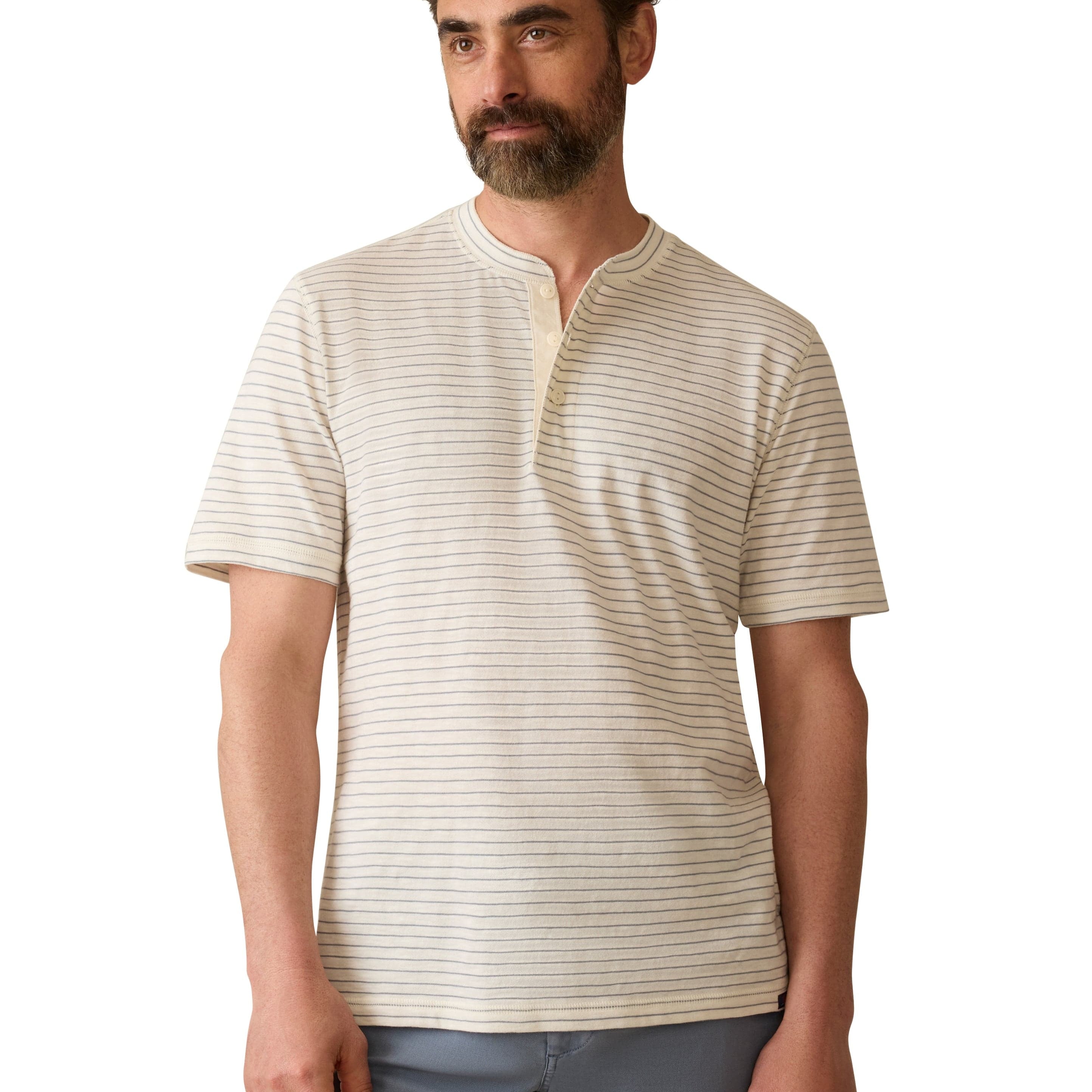 Faherty T-Shirts Short-Sleeve Sunwashed Henley - Cream Flint Stripe