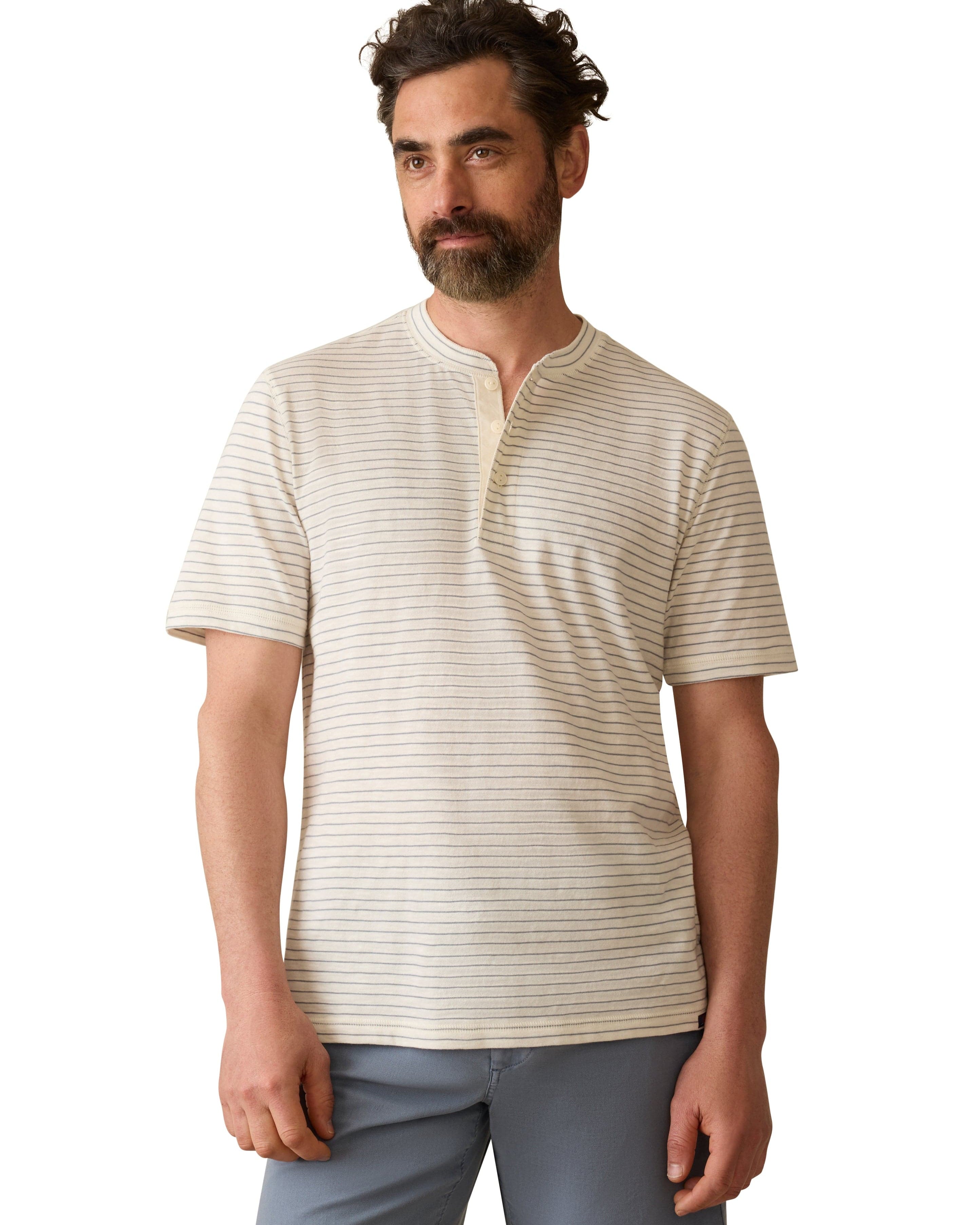 Faherty T-Shirts Short-Sleeve Sunwashed Henley - Cream Flint Stripe