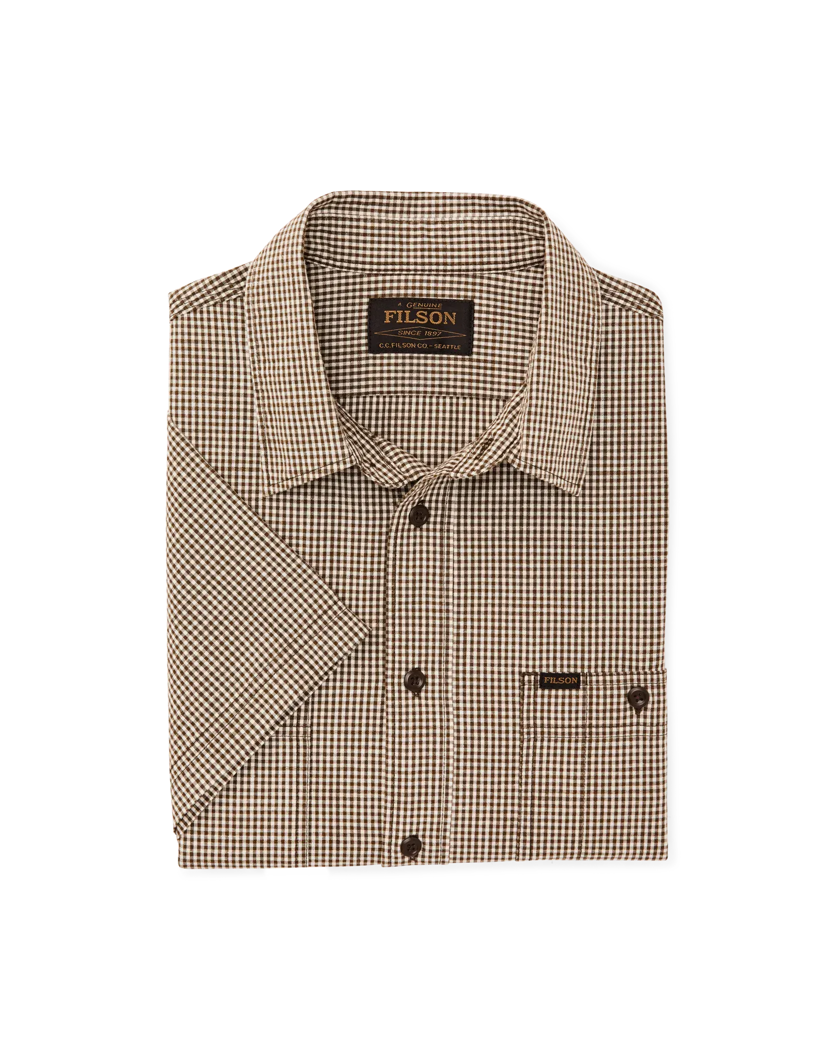 Filson Camp Shirt Short Sleeve Chambray Shirt in Coffee / Natural Plaid
