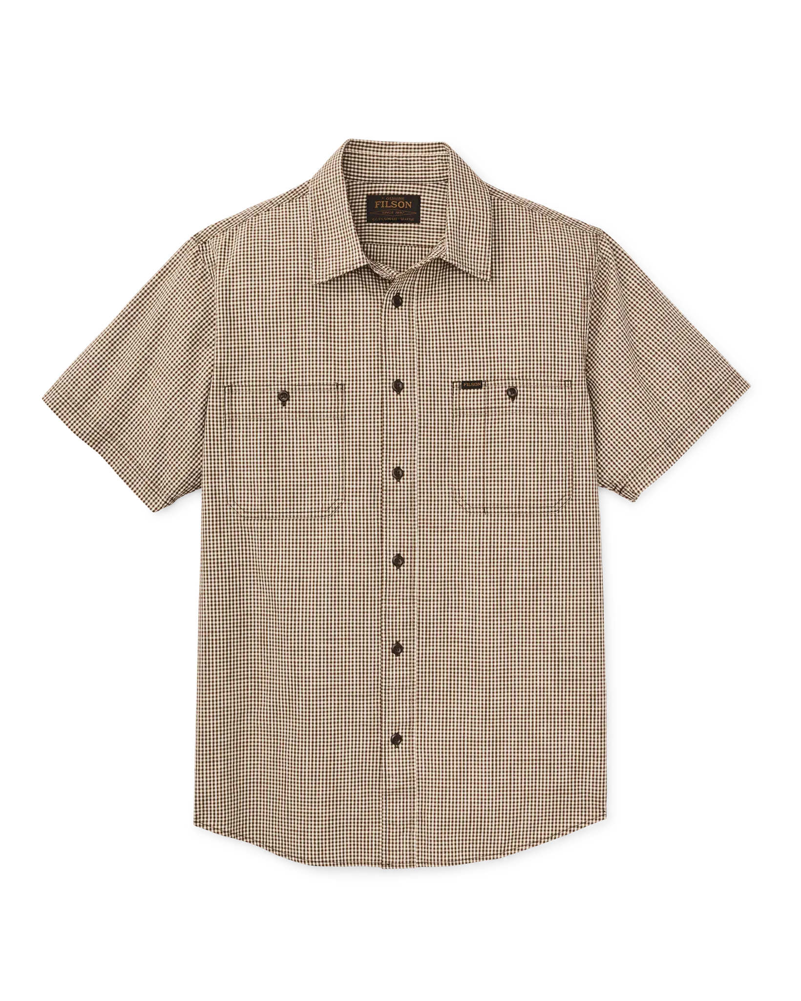 Filson Camp Shirt Short Sleeve Chambray Shirt in Coffee / Natural Plaid